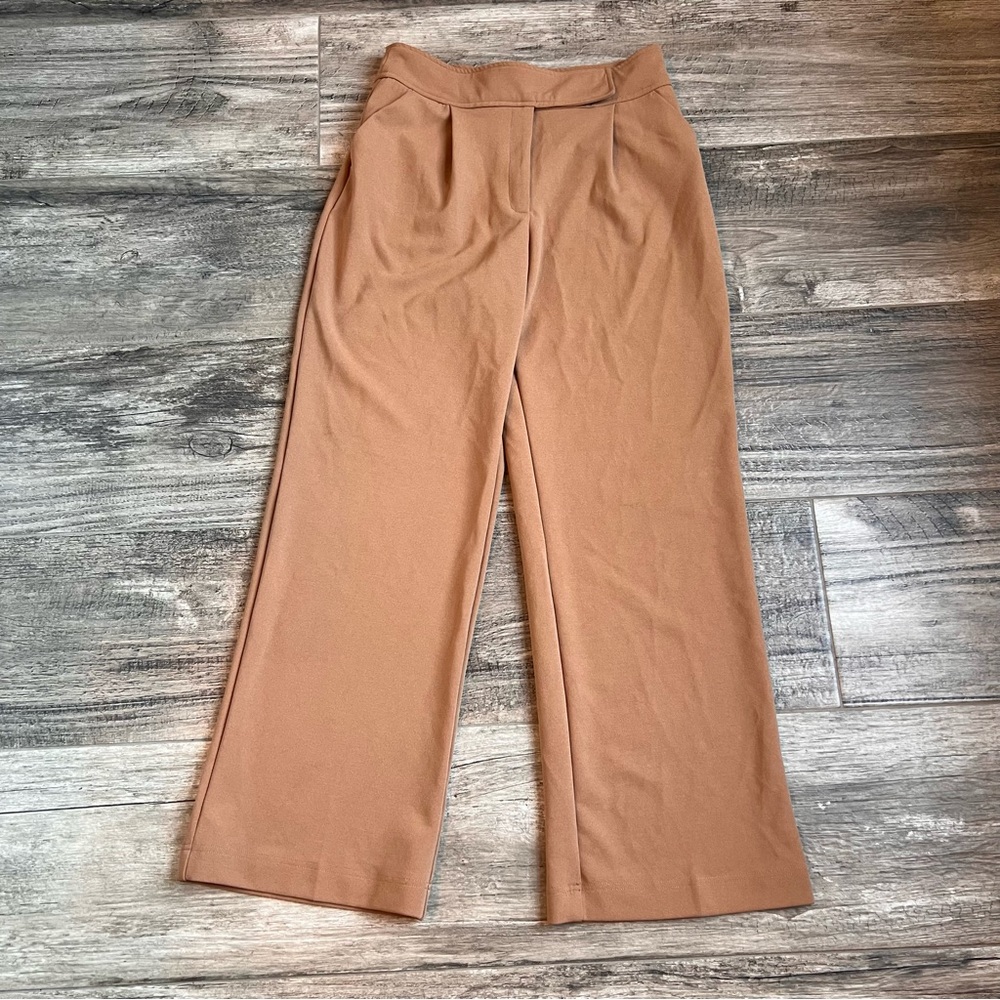 T Tahari Womens Pants Size 8 Tan Casual Formal Stretch Crepe Wide Leg #149